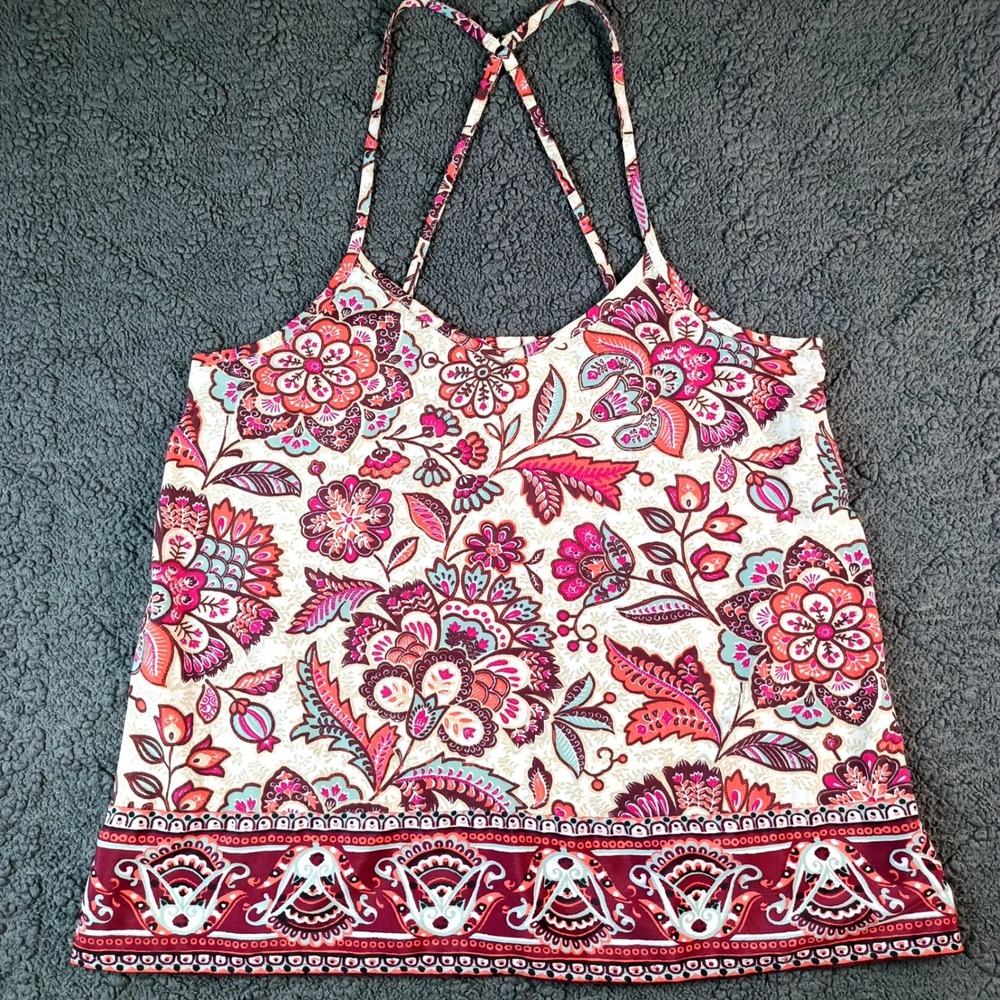 Hollister Women's XS Floral Paisley Boho Cami Tank Top Adjustable Straps Pink